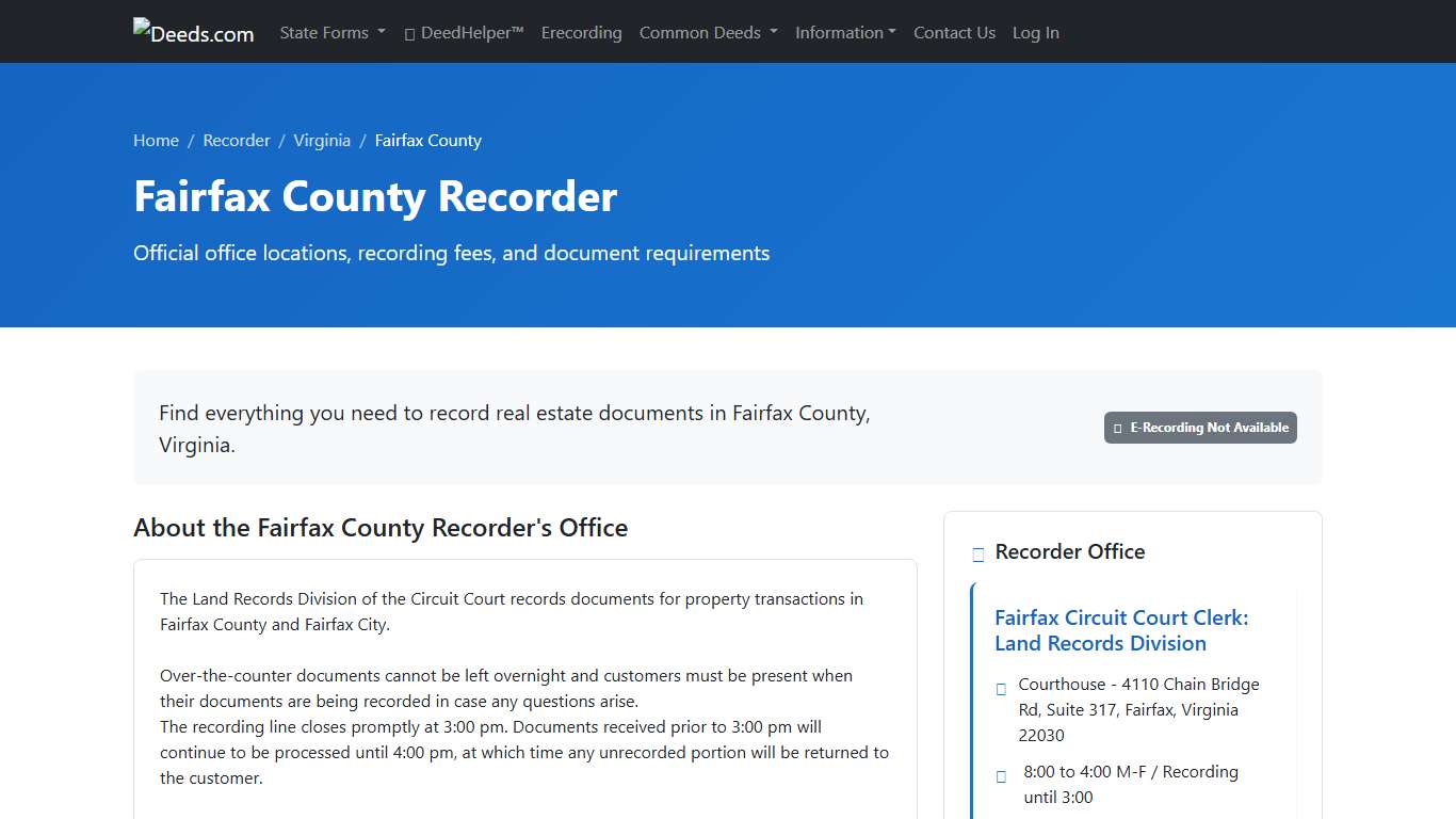 Fairfax County Recorder Information, Virginia - Deeds.com